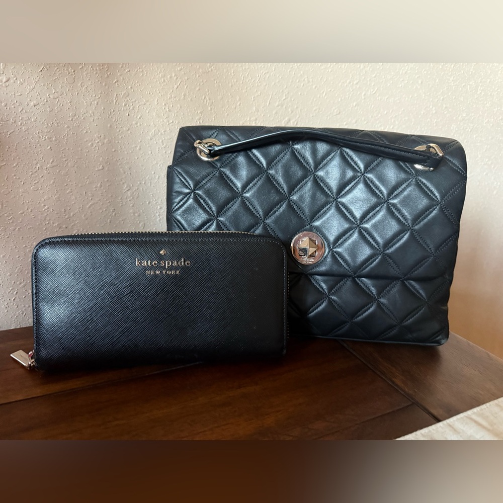 Kate Spade Black Quilted Handbag and Wallet Set